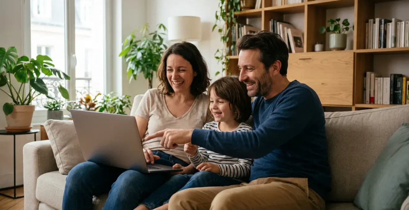 Famille française consultant un comparatif mutuelle santé ensemble dans leur salon