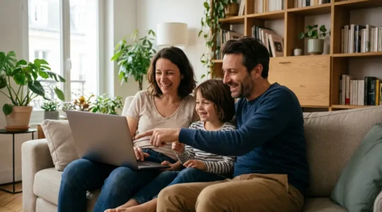 Famille française consultant un comparatif mutuelle santé ensemble dans leur salon