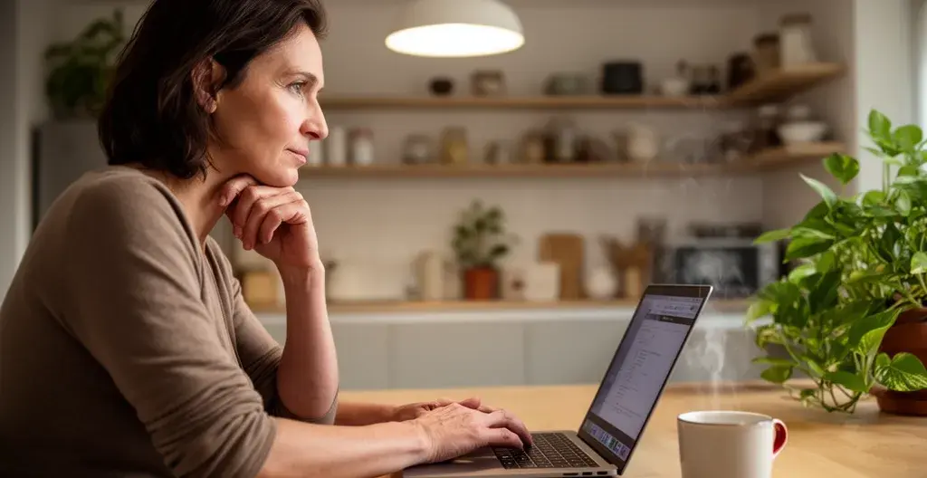 Femme 40 ans comparant des devis mutuelle santé sur son ordinateur dans sa cuisine
