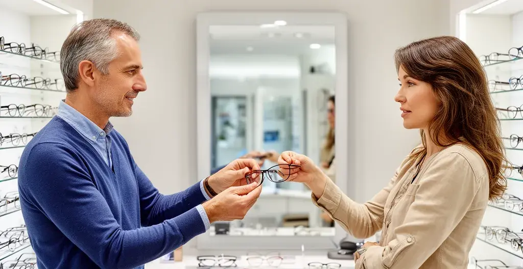 Opticien présentant des lunettes à une cliente dans une boutique optique